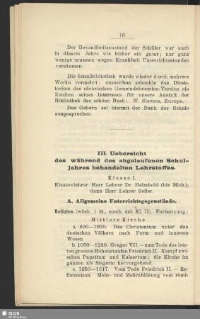 III. Uebersicht des während des abgelaufenen Schuljahres behandelten Lehrstoffes