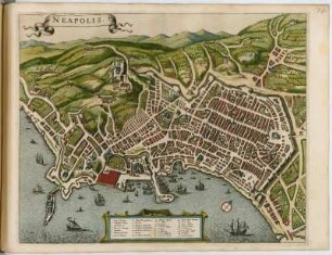 Vogelschauplan von Neapel, 1:9000, kolorierter Kupferstich, um 1682 : Neapolis. - [Ca. 1:9 000]. - [Amsterdam] : [Bÿ d' Erfsgenamen van Joannes Janssonius van Waesberge], [1682]. - 1 Vogelschauplan : Kupferstich. ; 50 x 40 cm (Karte) +++ Mit Gebäudeverz. - NW oben