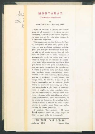 [Reseña] - Montaraz (costumbres argentinas) de Martiniano Leguizamón
