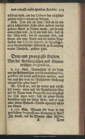 Drey und zwanzigste Lection. Von der Arithmetischen und Geometrischen Progression