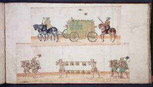Aufzug zur Fastnacht 1609 in Dresden : Wagen mit Vogelherd und Löckvögel in Käfigen. Blatt 97 aus: Abriß und Verzeichnis aller Inventionenen und Aufzüge, welche an Fastnachten Anno 1609 im kurfürstlichen Schlosse zu Dresden aufgeführt wurden. Deckfarben; circa 28,9 x 52,7 cm. Dresden: SLUB Mscr.Dresd.J.18