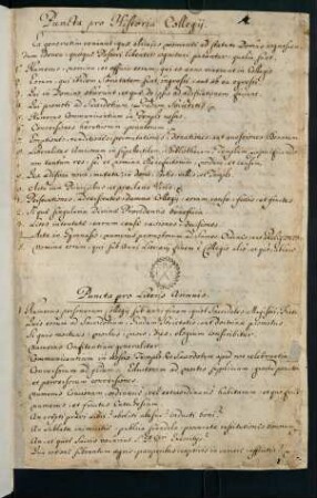 1r, Puncta pro Historia Collegij.