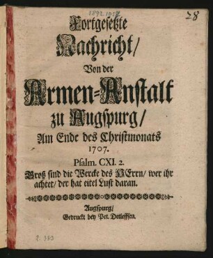 Fortgesetzte Nachricht, Von der Armen-Anstalt zu Augspurg, Am Ende des Christmonats 1707.