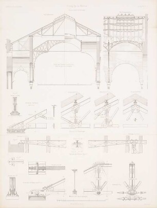 Neue Synagoge, Berlin: Details Dachkonstruktion (aus: Atlas zur Zeitschrift für Bauwesen, hrsg. v. G. Erbkam, Jg. 16, 1866)