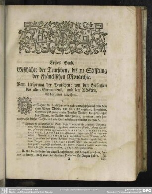 Erstes Buch. Geschichte der Teutschen, bis zu Stifftung der Fränckischen Monarchie