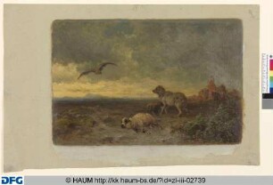 Landschaft mit Adler, Hund und zwei Schafen, im Hintergrund eine Ruine