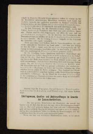 Dr. Purpus, Syndikus der Handwerkskammer für Schwaben und Neuburg Lehrlingswesen, Gesellen- und Meisterprüfungen im Gewerbe der Damenschneiderinnen.