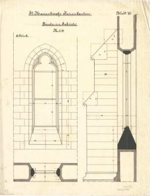 Schmidt, Heinrich von; Kaiserslautern; Marienkirche - Fenster zur Sakristei (Grundriss, Aufriss, Schnitt)
