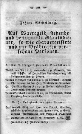10. Abtheilung : Auf Wartegeld stehende und pensionirte Staats- und Hofdiener, sowie characterisirte und mit Prädikaten versehene Personen