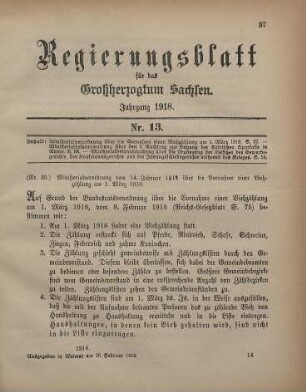 Nr. 35: Ministerialverordnung vom 14. Februar 1918 über die Vornahme einer Viehzählung am 1. März 1918