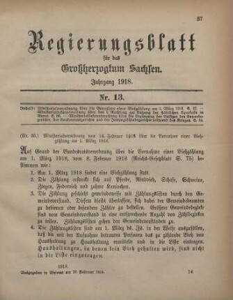 Nr. 35: Ministerialverordnung vom 14. Februar 1918 über die Vornahme einer Viehzählung am 1. März 1918