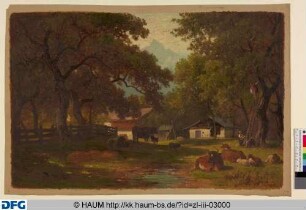 Rinder auf einer Weide, im Hintergrund ein Bauernhaus und Bauern