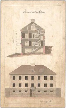 Voit, Johann Michael; Bobingen; Schul- und Mesnerhaus - Querschnitt, Ansicht