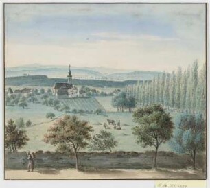 Ansicht von Dresden-Hosterwitz , Aquarell, um 1820 : [Kirche zu Hosterwitz bei Dresden-Pillnitz]. - [S.l.] , [um 1820]. - 1 Kunstblatt : Aquarell ; 27 x 40 cm