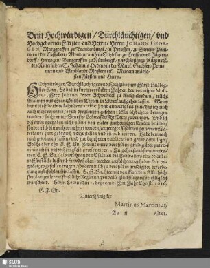 Dem Hochwürdigen... [Widmung von Martinus Martinius]