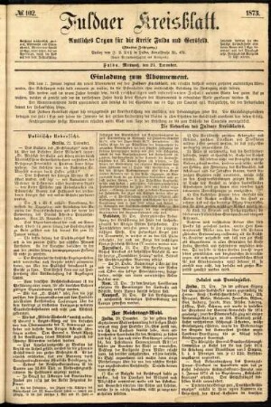 Erste Ausgabe vom Mittwoch, den 24. Dezember 1873.