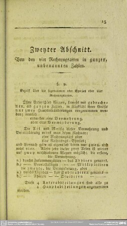Zweyter Abschnitt. Von den vier Rechnungsarten in ganzen, unbenannten Zahlen