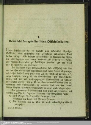 I. Uebersicht der gewöhnlichen Officialarbeiten