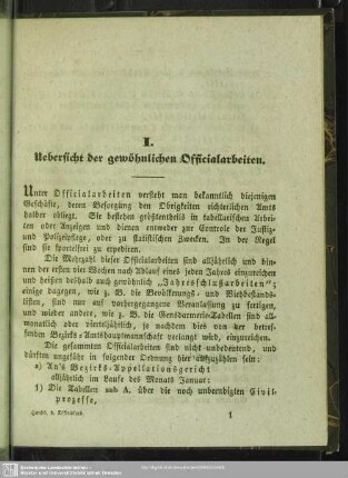 I. Uebersicht der gewöhnlichen Officialarbeiten