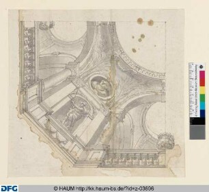 Teilentwurf für ein achteckiges Deckengemälde: Scheinarchitektur mit Skulptur in einer von Pfeilern gefassten Nische an der Schrägseite und Blick in ein Obergeschoss mit Bogenöffnungen und offenen Kuppeln