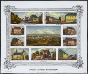 Gössnitz 1 Gesamt- und 9 Detailansichten, Lithographie, um 1850 : Täubert, Gustav : Gössnitz und seine Hauptgebäude / n. d. Nat. gez. v. Täubert Dresden : Herrm. Schmidt ; Dresden : F. A. Renner , [ca. 1850]. - 10 Ansichten auf 1 Kunstbl. : Lithographie, koloriert ; Blattgr. 38 x 32 cm +++ 1 Gesamt- und 9 Detailansichten
