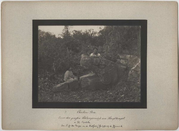 Une des grandes têtes de serpent du Castillo". Au pied de l'escalier sur le côté nord de la pyramide (Avec deux personnes, probablement des locaux).