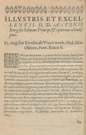 Illustris. et ecxellentis D. D. Antonio Burgesio Sulmone Principi, & c. patrono colendissimo