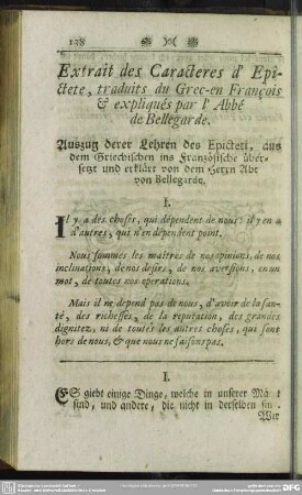 Extrait des Characteres d' Epictete, traduits du Grec-en François & expliqués par l' Abbé de Bellegarde. Auszug derer Lehren des Epicteti, aus dem Griechischen ins Französische übersetzt und erklärt von dem Herrn Abt von Bellegarde