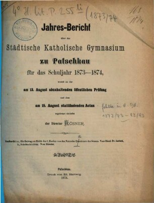 Jahresbericht des Städtischen Katholischen Gymnasiums zu Patschkau : im Schuljahr .... 1873/74