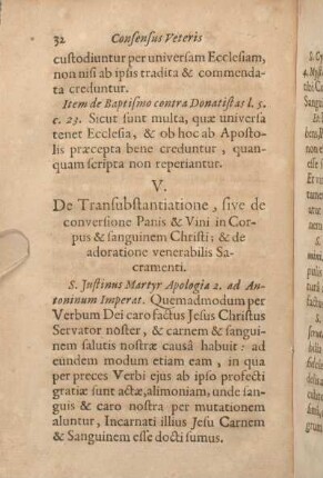 V. De Transubstantiatione, sive de conversione Panis & Vini in Corpus & sanguinem Christi; & de adoratione venerabilis Sacramenti.