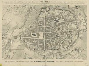 Topographischer Plan der Königl. Sächs. Bergstadt Freiberg, 1:3 000, Kupferstich, 1837 : Schippan, Heinrich Adolph : Topographischer Plan Der Königl. Sächs. Alten Bergstadt Freyberg U. Nächstr Umgegend Nebst D. Darunter Befindl. Erzbergbaue : dem Koenige von Sachsen Friedrich August gewidmet / aufgenommen u. gez. v. 1833-35, u. dann aber ganz auf alleinige Kost. um die Hälfte verjüngt u. herausgegeb. 1836 u. 37. von Heinrich Adolph Schippan. Gest. v. Julius Keyl in Dresden 35-1837. Gedruckt b. Morasch u. Skerl v. W. Hartmann. - [Ca. 1:3 000]. - Freiberg : [Schippan] , 1837. - 1 Kt. : Kupferst. , 67 x 44 cm Maßstab in graph. Form (Ellen). - NNW oben