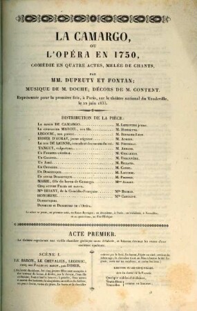 La Camargo, ou l'opéra en 1750 : comédie en quatre actes, melée de chants