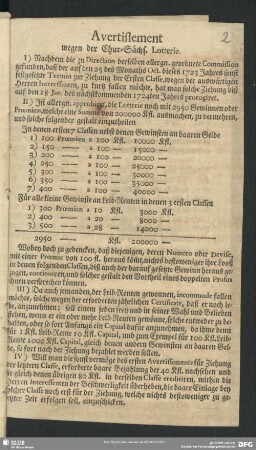 Avertissement wegen der Chur-Sächs. Lotterie
