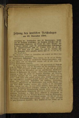 Sitzung des deutschen Reichstages am 10. December 1881.