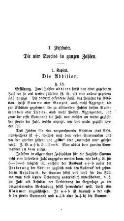 I. Abschnitt. Die vier Species in ganzen Zahlen.