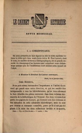 Le Cabinet historique : moniteur des bibliothèques et des archives. 7. 1861