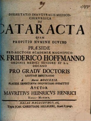 Dissertatio Inavgvralis Medico-Chirvrgica De Cataracta