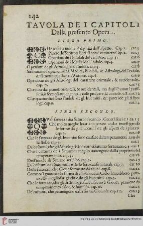 Tavola dei capitol della presente Opera