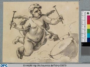 Schwebender Putto mit Trommeln in den Wolken
