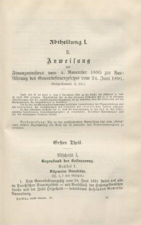 B. Anweisung des Finanzministers vom 4. November 1895 zur Ausführung des Gewerbesteuergesetzes vom 24. Juni 1891