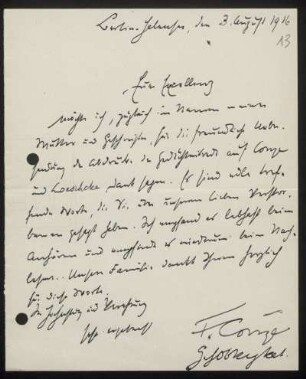 Nr. 13: Brief von Friedrich Conze (des Sohnes Alexander Conzes) an Ulrich von Wilamowitz-Moellendorff, Berlin, 3.8.1916