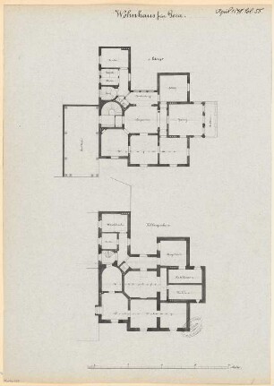 Villa, Gera Monatskonkurrenz April 1878: Grundriss Keller, Obergeschoss; Maßstabsleiste