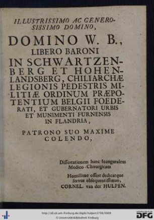 Illustrissimo ... Domino W. B., Libero Baroni In Schwartzenberg Et Hohenlandsberg ...