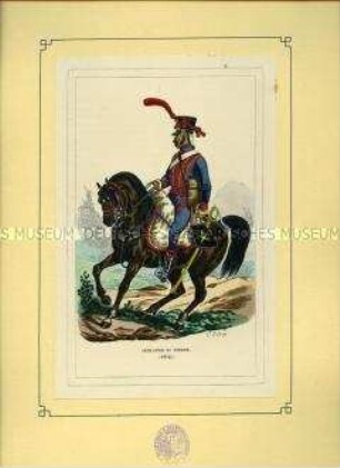 Uniformdarstellung, Artillerist zu Pferde, Frankreich, 1812. Tafel 36 aus: Bellangé: Die Soldaten der französischen Republik und des Kaiserreichs.
