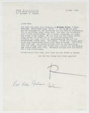 Brief von Raoul Hausmann an Vera Hausmann. Limoges