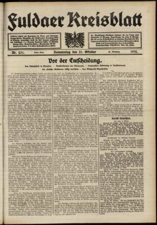 Erste Ausgabe vom Donnerstag, den 31. Oktober 1912.