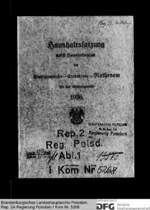 Haushaltssatzung und Haushaltsplan der Stadt Rathenow für das Rechnungsjahr 1936