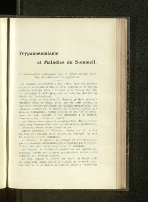 Trypanosomiasis et Maladies du Sommeil.