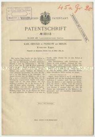 Patentschrift einer eisernen Egge, Patent-Nr. 33113