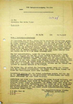 1.2.1 Zusammenarbeit VR Polen: Rohkohlenanlieferung, Betriebsstörung durch nasse Kohle am 12.10.1957